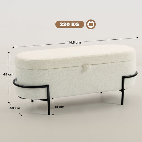 Rootz Storage Stool - Ottoman Bench - Footrest Seat - Hidden Storage - White - Fleece Cover - Steel Legs - 114.5 x 40 x 48 cm