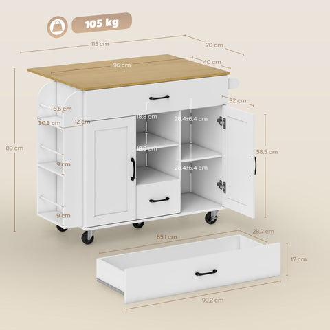 Rootz Rolling Kitchen Island - Mobile Cart - Fold-Out Work Surface - Storage Cabinet - Soft Close Doors - Spacious & Organized - White, 115x70x89 cm