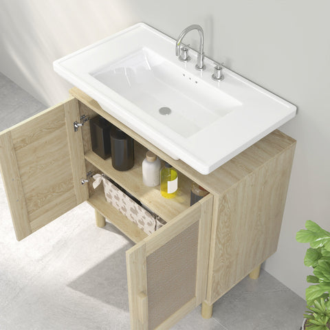 Rootz Bathroom Cabinet with Sink Unit - Rattan Doors - Vanity Organizer - Pine Wood Feet - Stylish Storage - 60cm x 30cm x 60cm