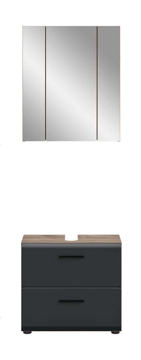 Rootz Bathroom Combination Set - Vanity Unit - Mirror Cabinet - Space-Saving - Black and Brown - 60x185x30 cm