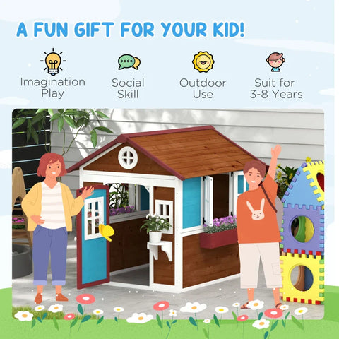 Rootz Children's Playhouse - Wooden Playhouse - Weatherproof - Flower Boxes - Fir Wood - Brown+Blue+White+Red - 114L x 126.4W x 135H cm