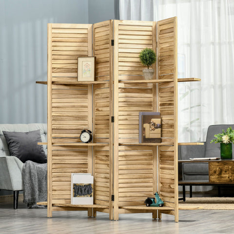 Rootz Room Divider 4 Panel Screen - Folding Room Partition - Privacy Screen - Paulownia Wood - 162x170cm with 3 Shelves