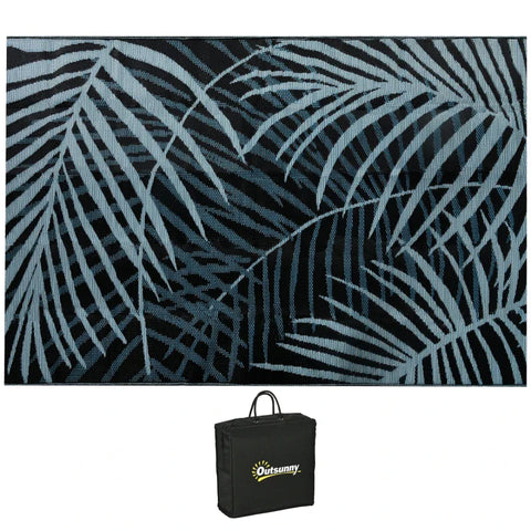 Rootz Outdoor Reversible Carpet - Waterproof - Leaf Pattern - Non-woven Fabric - Blue + Black + Cream - 182cm x 274cm x 0.3cm