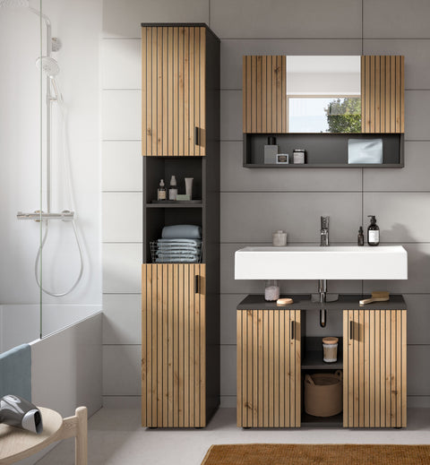 Rootz Bathroom Combination Set - Vanity & Mirror Cabinets - Milled Panel Look - Durable Chipboard - 125cm x 192cm x 30cm