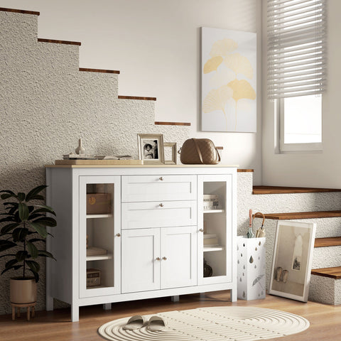 Rootz Buffet Dining Room - Sideboard - Storage Cabinet - Adjustable Shelves - 120cm x 40cm x 90cm - Natural Wood & White Finish