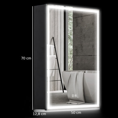 Rootz Mirror Cabinet - Bathroom Cabinet - LED Storage Unit - Dimmable Lighting - Space Optimization - 50cm x 12.8cm x 70cm - Black