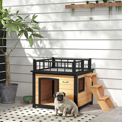 Rootz Wooden Dog House - Roof Terrace Dog Kennel - Fir Wood Pet Shelter - Waterproof Paint - Yellow - 121cm x 77cm x 78cm