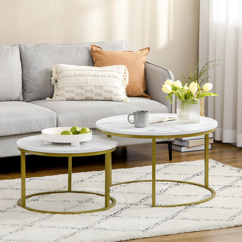 Rootz Marble Look Side Table Set - Coffee Tables - Nesting Tables - Space-Saving, Easy to Clean - Ø74 & Ø59 cm - White & Gold Finish
