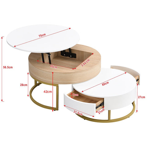 Rootz Gold-Plated Nesting Table Set - Height-Adjustable Coffee Table - Versatile Side Table - Stylish Storage - 70x70x42/56.5cm + 60x60x24cm