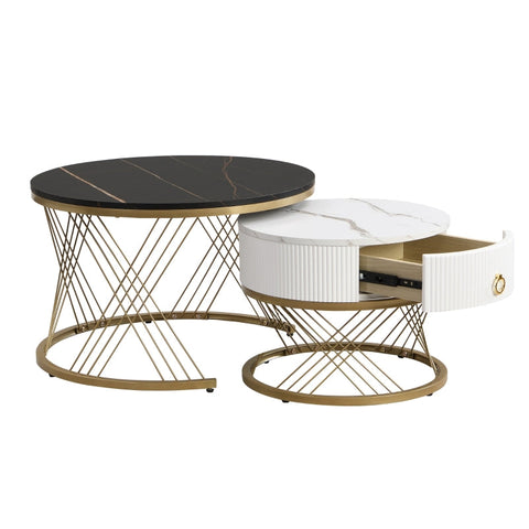 Rootz Modular Coffee Table Set - Marble-Look Tables - Nesting Coffee Tables - Storage Drawers - Adjustable Feet - 70x70x45cm & 50x50x40cm