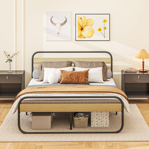 Rootz Industrial Steel Double Bed - Metal Frame - BrownLook - Weight Capacity 320kg - 162cm x 206cm x 100cm