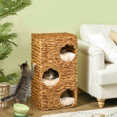 Rootz Cat Tower - Cat Scratching Post - Cat Condo - Water Hyacinth - Multi-level - Washable Cushions - 40cm x 31cm x 76cm