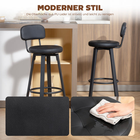 Rootz Set of 2 Bar Stools - Counter Chairs - High Chairs - Padded Faux Leather, 360° Swivel, Metal Frame, Black, 38x43.5x99 cm