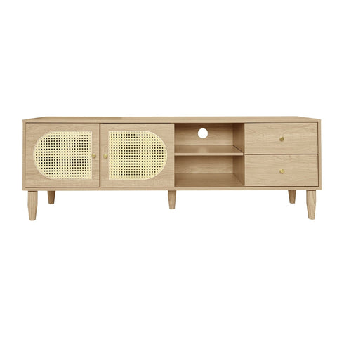 Rootz Oak Effect Rattan TV Cabinet - Entertainment Unit - Media Console - Adjustable Shelves - 150L x 40W x 50H cm