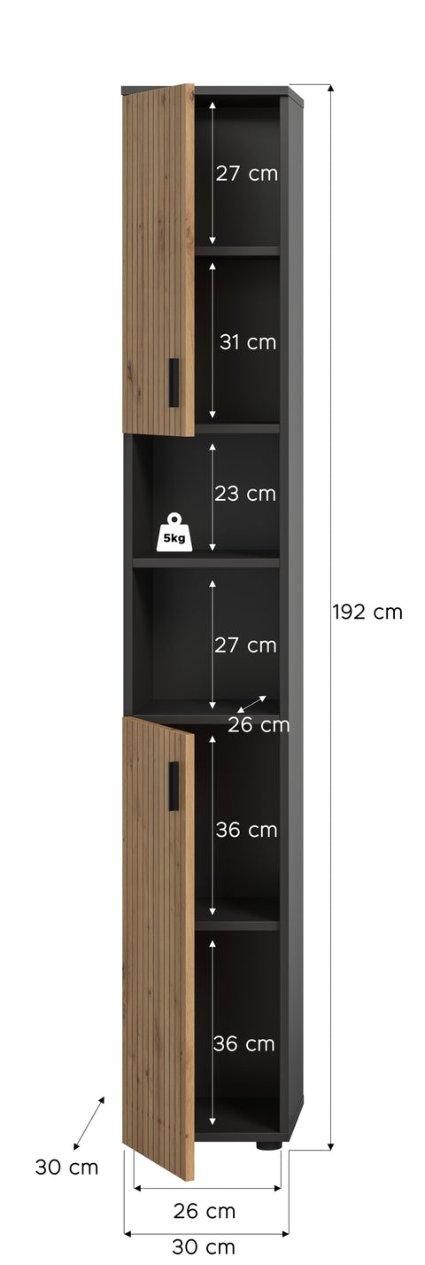 Rootz Bathroom Cabinet - Storage Organizer - Space Saver - Grey & Brown Look - Reversible Door - 30x192x30 cm
