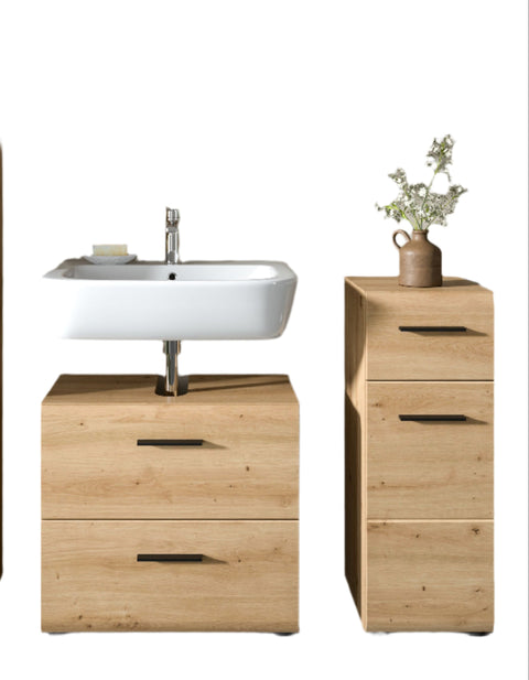 Rootz 4 Piece Bathroom Set - Vanity Unit - Tall Cabinets - MDF Finish - Brown - 150x185x30 cm