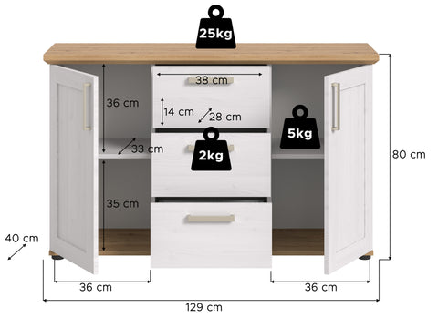 Rootz Sideboard - Buffet - Storage Cabinet - Optimal Organization - 129x80x40cm - White and Brown