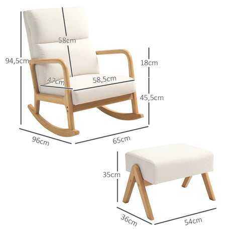 Rootz Rocking Chair with Stool - Softly Padded - Linen-Look - Ultimate Comfort - 65W x 96D x 94.5H cm - Cream White