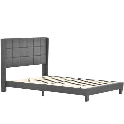 Rootz Double Bed with Headboard - Gray Double Bed - Padded Headboard Bed - Pocket Spring Mattress - 146L x 208W x 111H cm