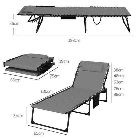Rootz Sun Lounger - Deck Chair - Garden Lounger - Foldable - Including Cushion - Weatherproof - Oxford Fabric-polyester - Gray - Black - 188cm X 65cm X 36cm