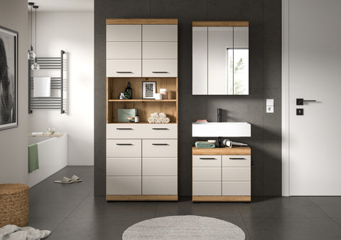 Rootz Bathroom Combination Set - Vanity Unit - Tall Cabinet - Ample Storage - 149x191x34 cm Brown and White