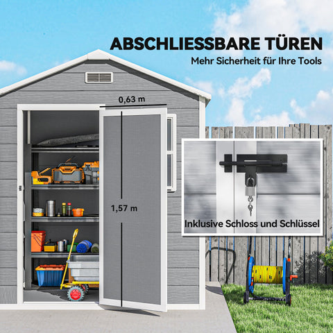 Rootz Tool Shed 1.9m² - Garden Storage House - Outdoor Utility Shed - Weatherproof & Secure - 182 x 121 x 200cm - Lockable Door, Grey, White
