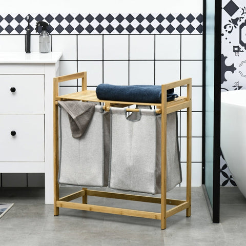 Rootz Laundry Collector with Two Spacious Baskets - Laundry Sorter - Bamboo Frame - Top Shelves - 64cm x 33cm x 73cm