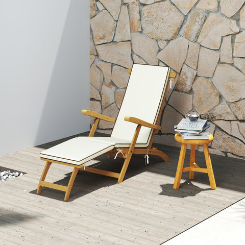 Rootz Foldable Garden Lounger - Sun Lounger - Deck Chair - Supports 160kg - 155cm x 54cm x 86cm - White, Brown Finish