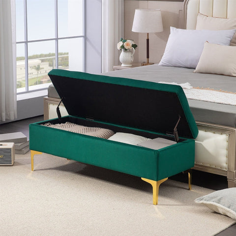 Rootz Green Velvet Storage Bed Bench - Entryway Bench - Upholstered Bench - Button Tufted Design - Gold Legs - 120cm x 44cm x 44.5cm