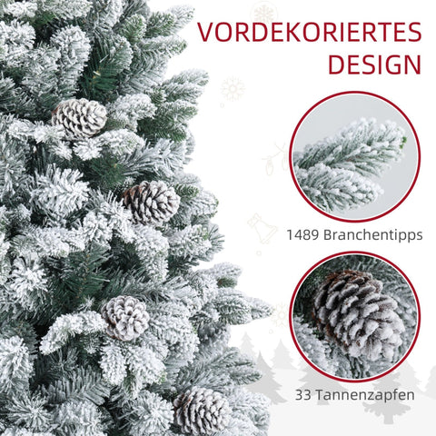 Rootz Artificial Snow Christmas Tree - Indoor Xmas Tree - Pine Cones - Hinged Construction - Flame Retardant - Green - Ø97cm x 180cm