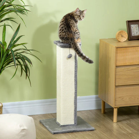 Rootz Cat Scratching Post with Toy Ball - Cat Scratcher - Plush - Sisal - Hanging Ball - Cream + Gray - 41cm x 41cm x 81cm