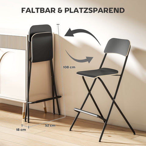 Rootz 2 Set Bar Stools - Foldable Bar Chairs - Black Kitchen Seating - Space-Saving Design - 52cm x 48cm x 96cm