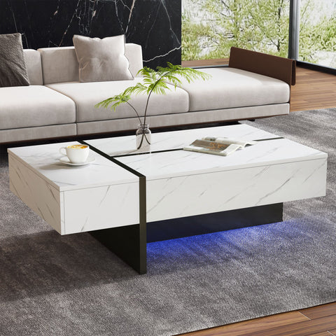 Rootz Modern Coffee Table - LED Table - Marble Pattern Table - LED Lighting - 105cm x 60cm x 35cm
