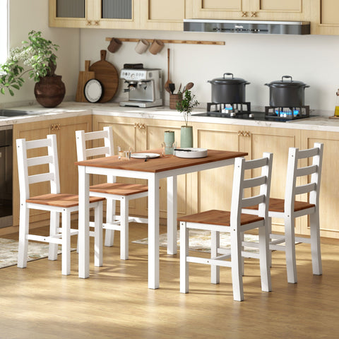 Rootz Dining Group Set - Dining Table - 4 Chairs - Space-Saving - Pine Wood - Brown+White - Table 108cm x 77cm; Chair 42cm x 46cm x 86cm