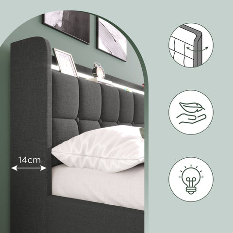 Rootz Modern Double Bed - LED Light Bed - USB Charging Bed - Functional Design - 144.5cm x 220cm x 103.5cm