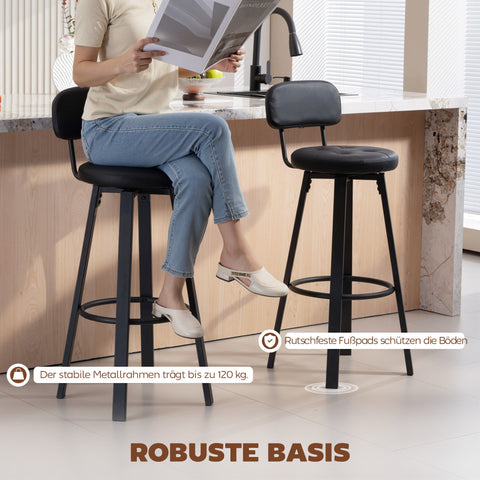 Rootz Set of 2 Bar Stools - Counter Chairs - High Chairs - Padded Faux Leather, 360° Swivel, Metal Frame, Black, 38x43.5x99 cm