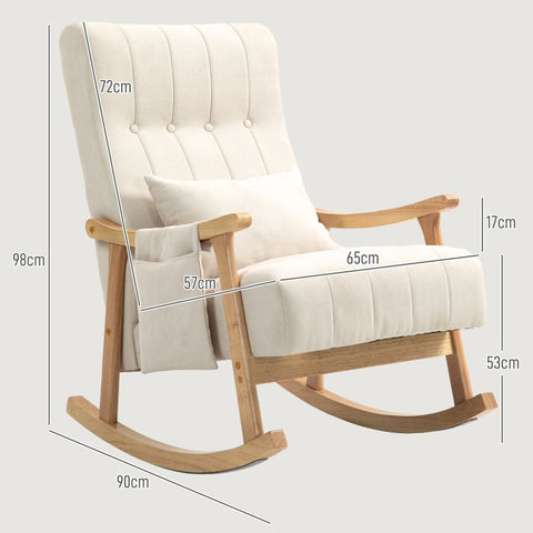 Rootz Rocking Chair - Nursing Chair - Relaxation Chair - Beige Linen Look - Wide Seat - Soft Padding - Beech Frame - 65cm x 90cm x 98cm