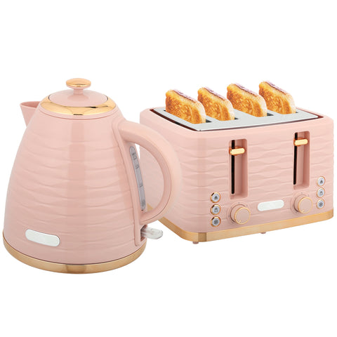 Rootz Pink 2-in-1 Toaster and Kettle Set - Multifunction Kitchen Combo - Elegant Pebble Design - Seven Browning Levels - 24.1x19.5x23.2cm
