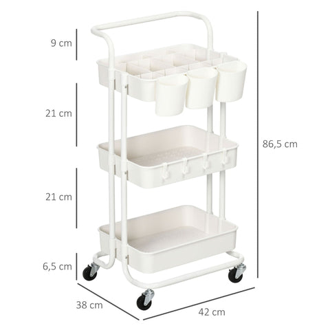 Rootz Trolley - Storage Cart - Rolling Organizer - Versatile Storage - Customizable Compartments - Easy Mobility - 42cm x 38cm x 86.5cm - Steel & ABS