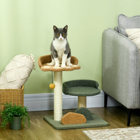 Rootz Small Scratching Post - Cat Scratcher - Feline Play Tower - Ultimate Comfort - Double Beds - Ball Toys - 43W x 39D x 52H cm