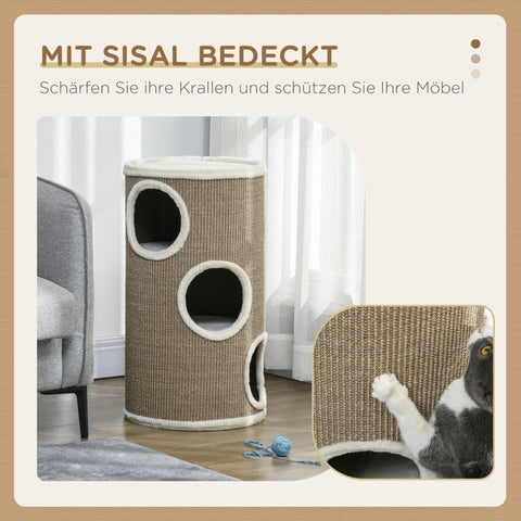 Rootz Cat Scratching Barrel - Kitty Condo - Cat Tree - Soft Plush - Sisal Rope - Sleep Cave - 38cm x 70cm - Brown
