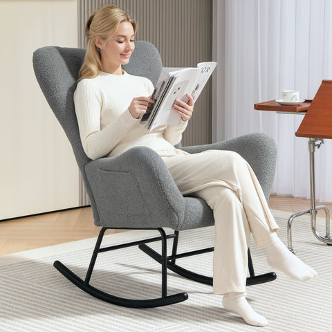 Rootz Rocking Chair - Fluffy Lounge Chair - Non-Slip Recliner - Luxurious Comfort - 67cm x 95cm x 100cm - Grey