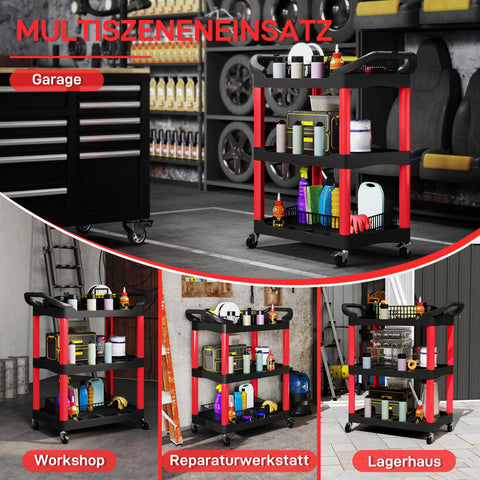 Rootz Tool Car - Utility Cart - Mobile Storage - Side Handles - 83cm x 43cm x 97cm - Red