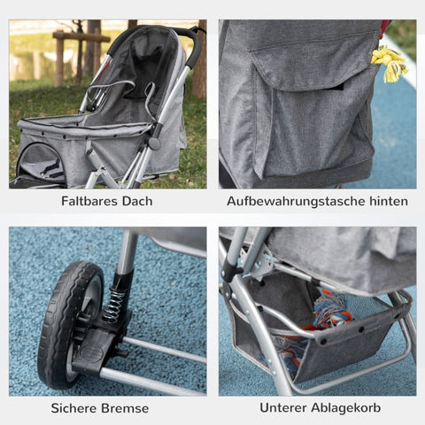 Rootz Dog Stroller - Pet Travel Carrier - Portable Pet Stroller - Folding Storage Basket - Mesh Window - Handbrake - 77cm x 50cm x 99cm - Steel & Oxford Fabric - Gray