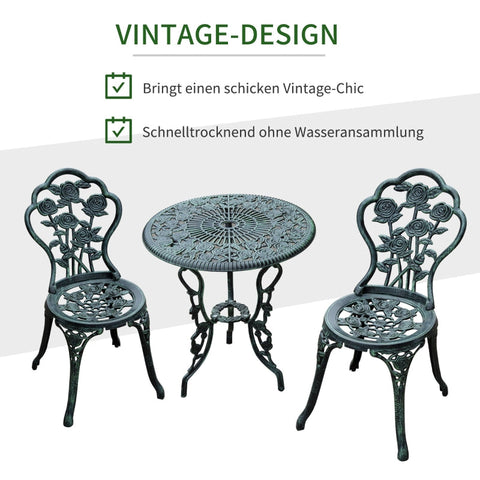 Rootz 3 Piece Bistro Set - Garden Furniture - Outdoor Patio Set - Antique Green - Weatherproof - Durable - Parasol Holder - Chair: W49 x D40 x H82 cm, Table: Ø60 x H69 cm