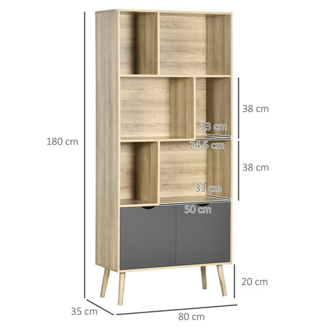 Rootz Bookcase Storage Shelf - Cabinet - 6 Shelves - Scandinavian Design - 80l x 35b x 180h cm - Brown and  Grey