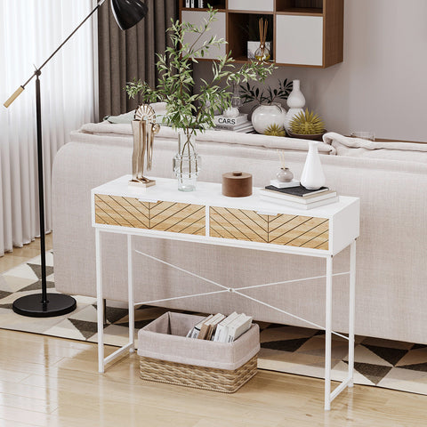 Rootz Console Table - Sofa Table - Entryway Table - Industrial Style - 2 Drawers - 100cm x 30cm x 75cm - Brown Chevron Metal Frame White