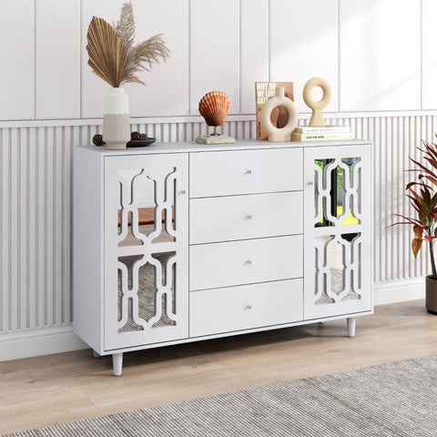 Rootz White Mirrored Sideboard - Luxury Storage Unit - Elegant Cabinet - Crystal Handles - Easy Assembly - 147.5L x 40W x 102H cm