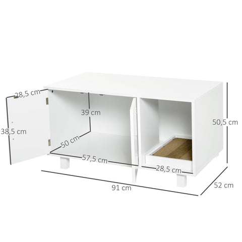 Rootz Litter Box Furniture - Cat Side Table - Scratching Post - Elegant Design - 91L x 52W x 50.5H cm MDF White