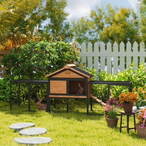 Rootz 2 Level Rabbit Stable - Double-Deck House - Outdoor Pet Enclosure - Weatherproof, Easy Clean - 217cm x 53cm x 86cm